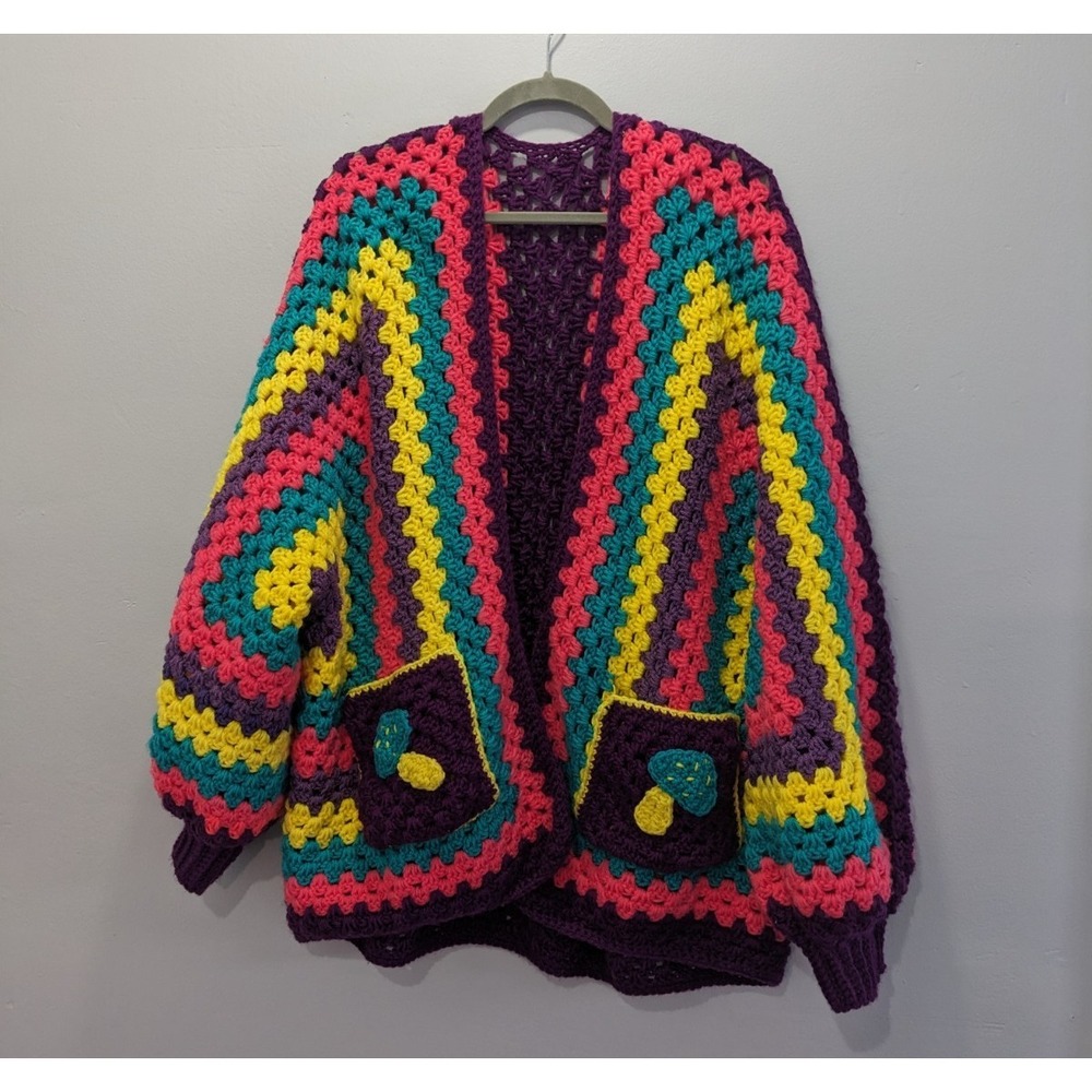 Handmade Crochet Granny Square One Size Cozy Cardigan Boho Chunky Knit Sweater